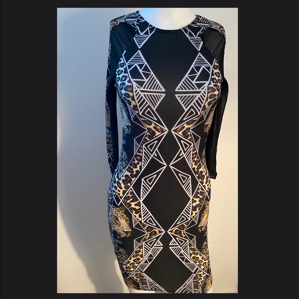 Black Mesh Body con Dress with Tiger Designs